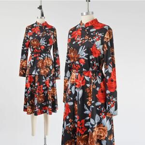 Vintage 70s Black Floral Skirt and Top Set Cheongsam Stretchy Knit Blouse 2 pc M